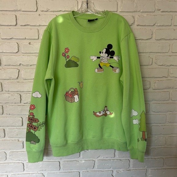 Disney Mickey Mouse Yoga Came Pullover Crewneck Green Sweatshirt Mens Large‎ - Picture 1 of 6